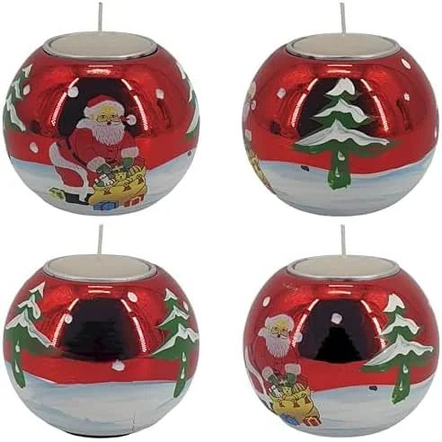 Marke: Oberle 4 weihnachtliche Kerzenhalter Rot mit Weihnachtsmann und Tannenbaum handbemalt Adventskranz incl. 4 Teelichter ! 80570 — Kerzenlicht Abendessen