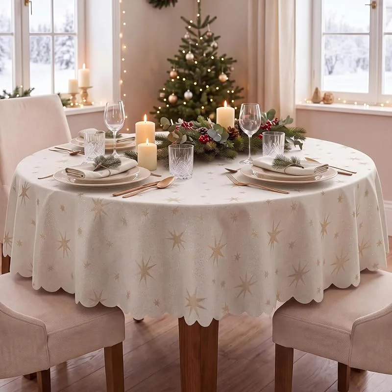 Besuche den Schwar Textilien-Store Weihnachtstischdecke Rund 135 cm Champagner mit Sternen & Lurex - waschbar — Küche & Haushalt