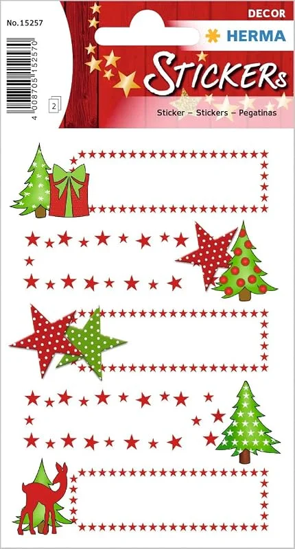 Besuche den HERMA-Store HERMA 15257 Aufkleber zum Beschriften Glitzer, 10 Stück, Weihnachten Sticker mit Weihnachtsbaum, Sterne Motiv, Kinder Etiketten für Weihnachtsdeko, Geschenke, Adventskalender, Winter — Geschenkverpackung
