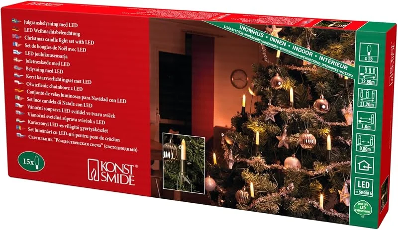Besuche den Konstsmide-Store Konstsmide LED Baumkette, Schaftkerzen, 15 warm weiße Dioden, 230V, Innen, grünes Kabel - 1120-020 — Weihnachtsbeleuchtung