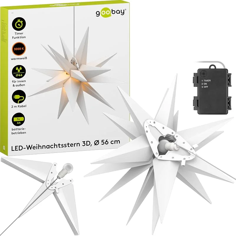 Besuche den goobay-Store LED Weihnachtsstern 3D Ø 56 cm, mit Timer, Batteriebetrieben, 4, 5 V, Weiß — Weihnachtsdeko