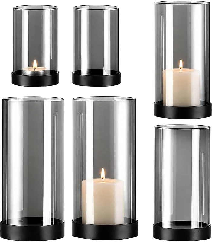 Besuche den Relaxdays-Store Relaxdays Windlicht 6er Set, Rauchglas mit Metallbasis, grau, schwarz — Kerzenlicht Abendessen