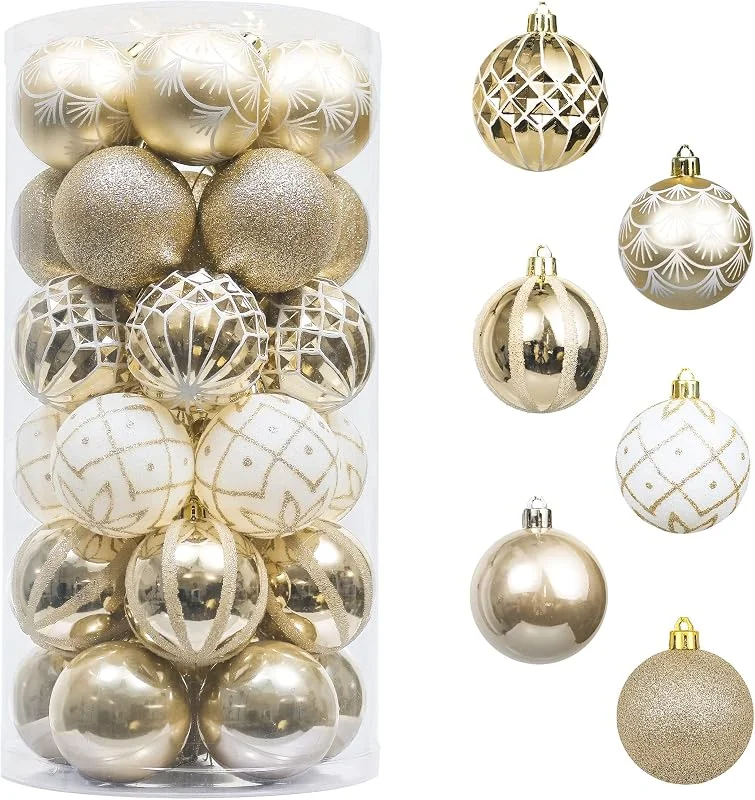 Besuche den Valery Madelyn-Store Valery Madelyn Weihnachtsschmuck Set, 30 Stück, 5 cm, Weiß und Gold, bruchsicher, Weihnachtsbaumschmuck, Lose Ornamente, Elegante hängende Ornamente für Weihnachtsfeiern wie — Weihnachtsdeko