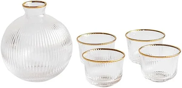 Marke: CLoxks Xilin-872 Karaffe 5Pcs Vertikale Streifen Sake Topf Transparent Phnom Penh Glas 1 Topf 4 Schuss Glas Karaffe Wein Set Schnaps Spender Wein Separator Wasserflasche(Color:A) — Wein und Festtafel