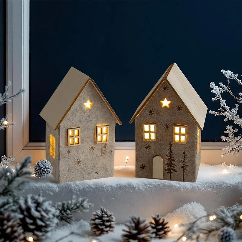 Besuche den Spetebo-Store Spetebo LED Filz Winterhaus mit Holzdach 2er Set - 10 x 7 cm — Weihnachtsdeko