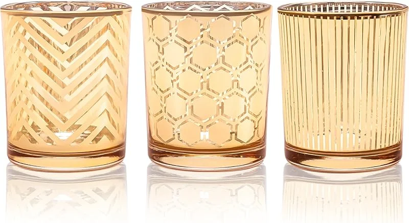 Besuche den Toptime-Store Teelichthalter 3er Set, Gold Glas Kerzenständer - Tischdeko, Romantische Teelichtgläser mit Wellen-, Streifen- und Wabenmuster, Kerzenhalter für Weihnachten, Geburtstag, Hochzeit, Party — Advent und Tisch