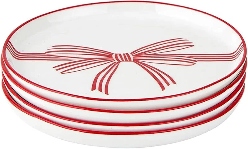 Marke: Santa Barbara Design Studio Santa Barbara Design Studio Vorspeisenteller-Set weiße Keramik-Teller, 13, 3 cm Durchmesser, rote Schleife, 4 Stück — Advent und Tisch