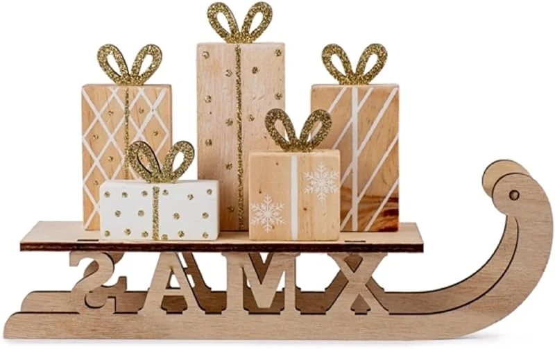 Marke: ETC ETC dekorativer ausgefallener Deko-Schlitten Nikolausschlitten mit Geschenken Holz Natur mit weißer Bemalung und Goldglitzer in verschiedenen Größen (klein) — Advent und Tisch