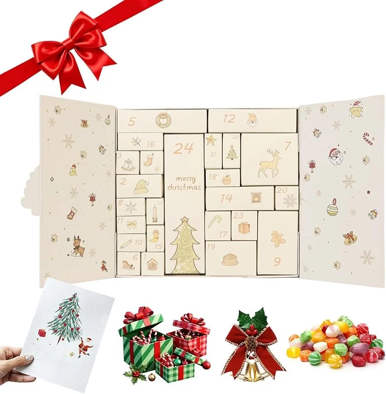Marke: Generisch 24-Tage-Adventskalender-Geschenkboxen, weiß, faltbar, DIY-Party — Geschenkverpackung