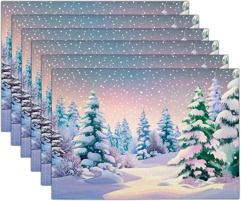 Marke: GDJSMIN 4er Set Platzset Weihnachten Tischset Lila Weihnachten Leinen Platzdeckchen 30x45cm Winterlandschaft Tischsets mit Illustrationen Von Kiefern Und Schneeflocken Weihnachtsdeko — Küche & Haushalt