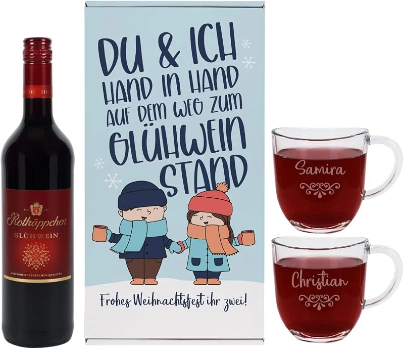 Besuche den Herz & Heim-Store Herz & Heim® Rotkäppchen Glühwein 0, 75l Geschenkset, Glastassen mit Gravur, Geschenk-Idee zu Weihnachten Hand in Hand — Geschenkverpackung