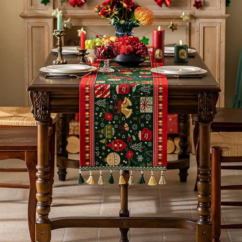 Besuche den MocArt-Store MocArt Weihnachts-Quasten-Tischläufer, Waschbare Tischdekoration, Für Weihnachtsfeiertage (Esszimmer, Schlafzimmer, Schminktisch, Beistelltisch) (Grüner Hintergrund & Teetasse, 35 x 220 cm) — Küche & Haushalt