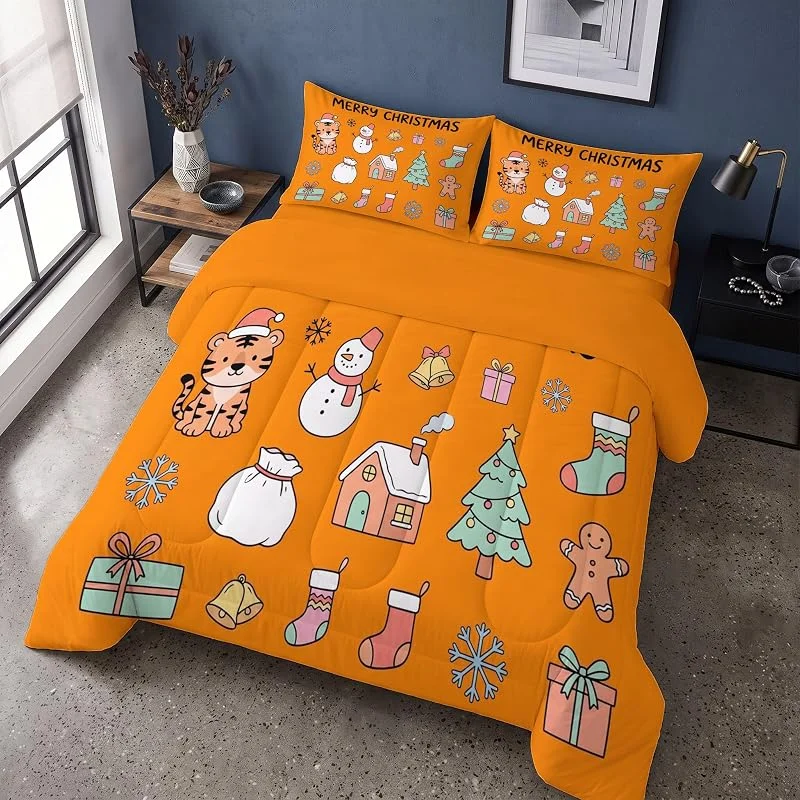 Marke: WunM Studio Bettdecke 200x200cm, Niedliche und herzerwärmende Weihnachtsaufkleber Bettdecke 200x200cm, Tiger, Schneemann, Lebkuchenmann Steppdecke Waschbar Bettdecken, Vierjahreszeiten Schlafdecke Ganzjahresdecke — Geschenkverpackung