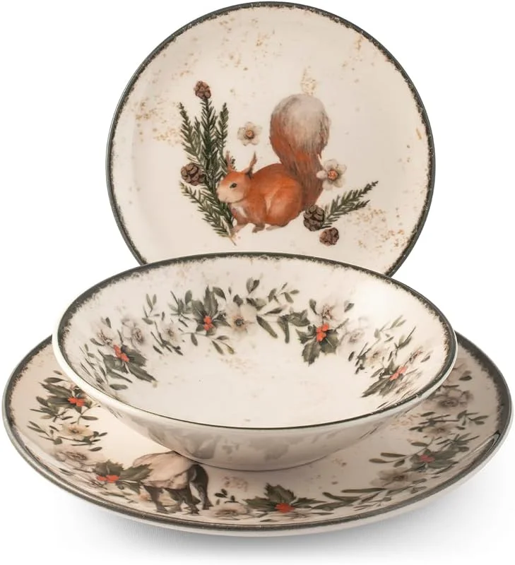 Marke: H&H H&H Weihnachts-Tischservice 18 Teile Garland aus Steinzeug – Elegantes Set mit Wintertier-Motiven und zarter Gitterdekoration, mikrowellen- und spülmaschinenfest — Advent und Tisch