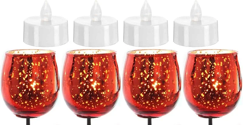 Besuche den Novaliv-Store Novaliv 4X Teelicht-Gläser mit 4 LED Teelichtern, Rot, Ø 6cm x 13cm, Mit Metall-Pick, zur Gestaltung von Gesteck und Kränzen, Adventskranz-Kerzenhalter, Kerzenhalter mit Spieß Teelichthalter — Advent und Tisch