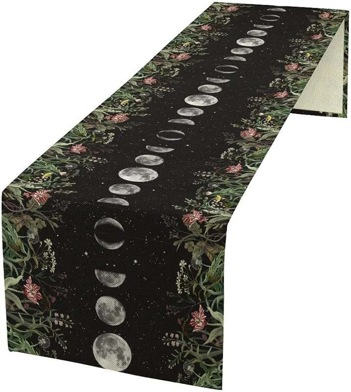 Marke: Focusbrite Boho-Tischläufer mit Blumenmuster, Frühlingsblumen, Blätter, saisonal, mystisch, Gothic, Sonne, Mond, Küche, Esstisch, Dekoration für Küche, Esszimmer, Urlaub, 33 x 91 cm — Küche & Haushalt