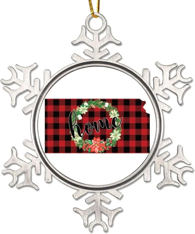 Marke: CowkissSign Patriotische American State Weihnachtsschmuck für Baum Weihnachtskranz Kansas Weihnachtsfeier Zubehör Home State Rot und Schwarz Plaid Metall Schneeflocke Ornament Feiertagsdekoration — Weihnachtsdeko