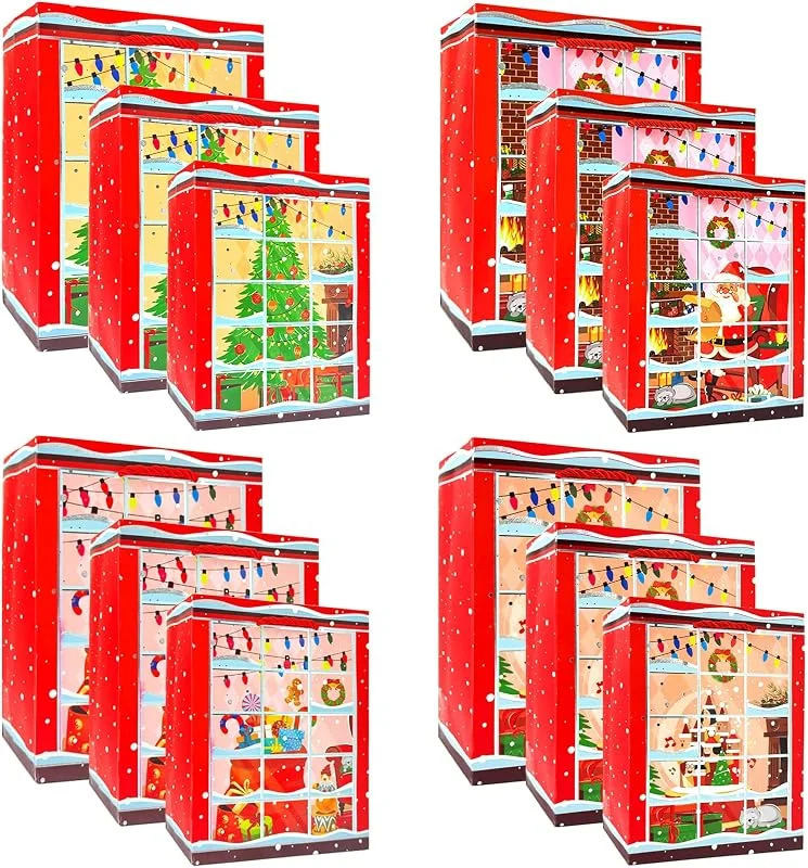 Marke: Fassory Fassory Papiertüten mit Griffen, Weihnachtsgeschenktüten in verschiedenen Größen, groß, mittelgroß, klein, für Geschenke mit 10 Weihnachtsaufklebern (rote Fensteransicht), 12 Stück — Geschenkverpackung