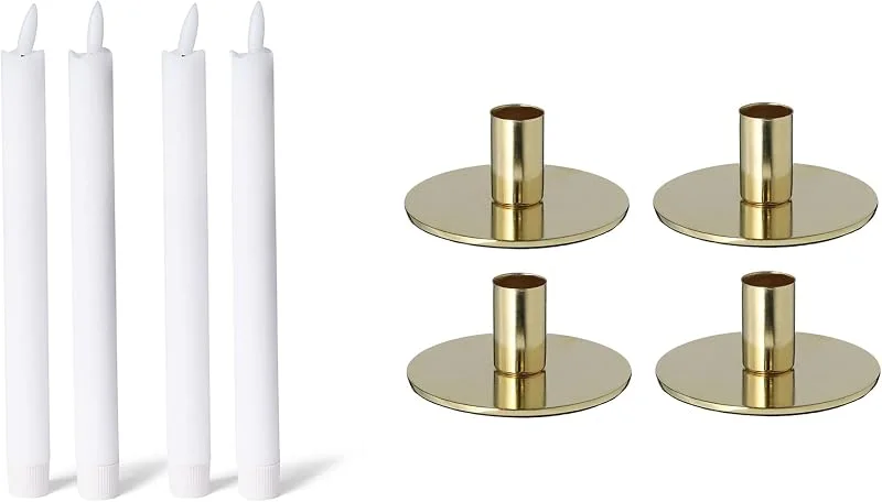 Besuche den Novaliv-Store Novaliv 4er-Set Stabkerzenhalter Metall Gold 10x5cm mit Premium LED Stabkerze Echtwachskerze Tafelkerze flammenlos batteriebetrieben Home Deko weihnachtliche Tischdeko Kerzenständer Kerzenpin — Kerzenlicht Abendessen
