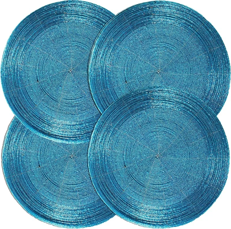 Marke: CLEENTABLE CLEENTABLE Dekorative Tischsets mit Perlen, handgefertigt, rund, mit glänzenden Glasperlen und Polyester-Rückseite, elegante Essdekoration für besondere Anlässe und den täglichen Gebrauch, Blaugrün, 4 — Advent und Tisch
