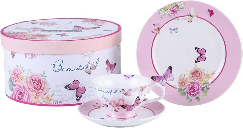 Besuche den London Boutique-Store ondon Boutique Afternoon Tea Set 3 Kaffeetasse und Untertasse Dessertteller Shabby Chic Vintage Porzellan Geschenkbox (Schmetterlinge) — Geschenkverpackung