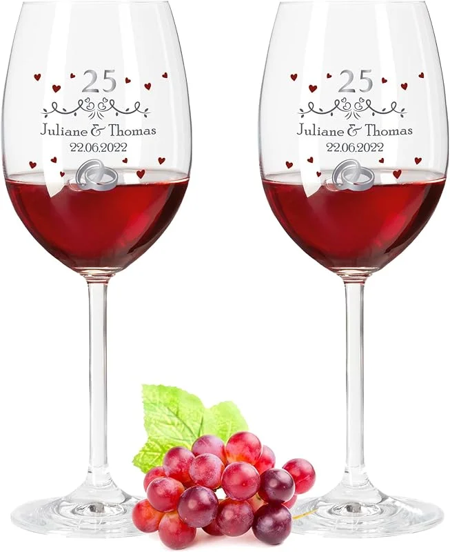 Besuche den GRAVURZEILE-Store GRAVURZEILE Weingläser - Silberhochzeit 25 Jahre - Personalisiert mit Namen & Datum - Geschenk für Sie & Ihn zur Hochzeit Verlobung Jahrestag — Wein und Festtafel
