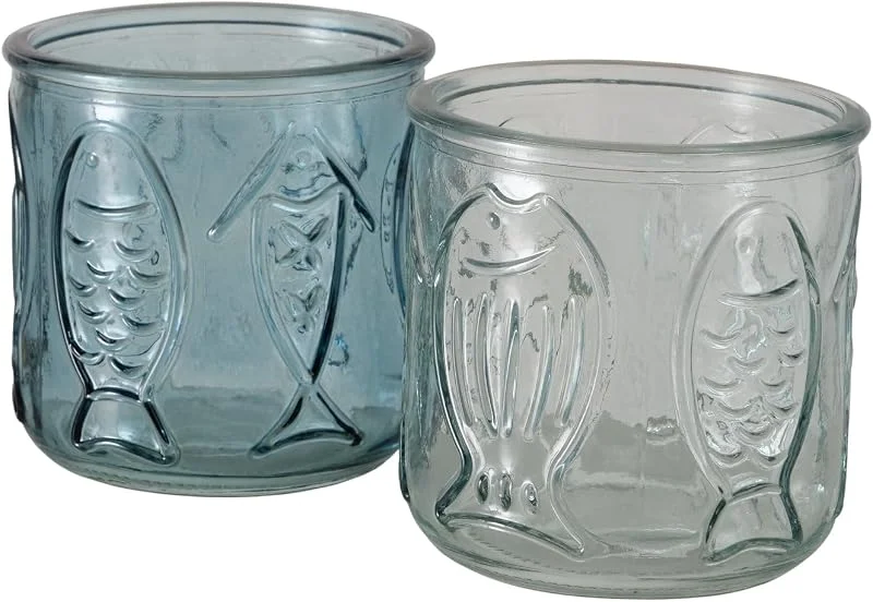 Marke: RiloStore 4 STK Windlichter Glas Fisch 9x8cm Weiss blau Fische b160 Kommunion Konfirmation Taufe Hochzeit maritim Kerzenhalter Teelichthalter Dekofisch Fischglas Fisch Windlicht — Kerzenlicht Abendessen