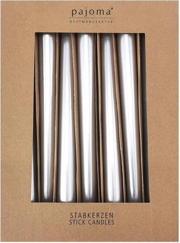 Besuche den pajoma-Store pajoma® Stabkerzen Silber-Metallic 10 Stück - Höhe 25 cm ø 2, 2 cm, Brenndauer 7 Stunden, Premium Qualität - einfarbige Spitzenkerzen — Kerzenlicht Abendessen