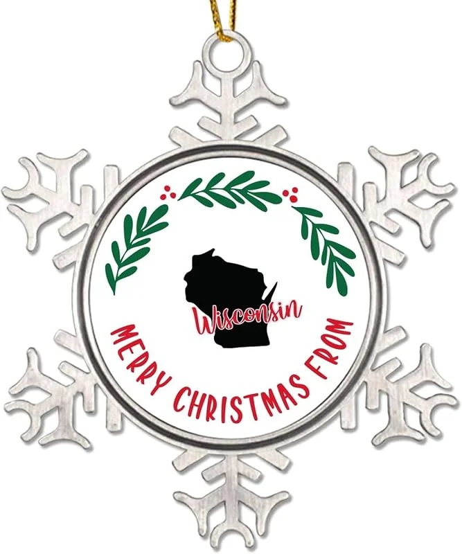 Marke: CowkissSign Merry Christmas From Wisconsin Weihnachtsdekoration American State USA States Neuheit Metall Schneeflocke Weihnachten Ornamente Geschenk Wisconsin Weihnachtskranz Xmas Tree Decorations