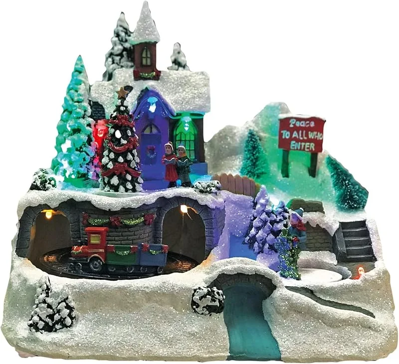 Besuche den hellum-Store Hellum LED Weihnachtsdorf mit fahrendem Zug, Bergdorfszene im Fiberoptikstil, Weihnachtsdeko innen batteriebetrieben mit bunte Beleuchtung 3xAA 22x14x19cm 524390