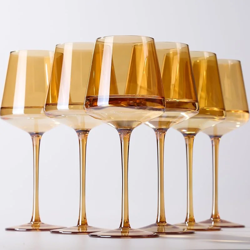 Marke: Physkoa Bernstein-Weingläser-Set mit 6 farbigen Weingläsern mit Stiel und flachem Boden, moderne bunte Weingläser, mundgeblasen, langlebig, Geschenke für Weinliebhaber, Brautparty, 473 ml, Bernstein — Wein und Festtafel