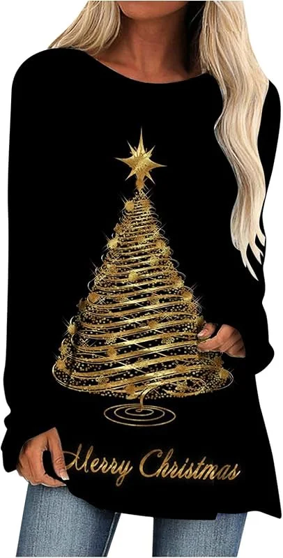 Marke: Generic Damen Longshirt Langarm Weihnachten Tunika Große Größen Lange Oberteile Bedruckte Longbluse Longpullover T Shirt Casual Lose Elegant Pullover Bluse Sweatshirt Langarmshirt Hemd Tops — Weihnachtsmode