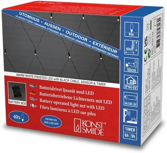 Besuche den Konstsmide-Store Konstsmide LED Lichternetz, mit Lichtsensor und 6h und 9h Timer, gefrostet, 40 warm weiße Dioden, batteriebetrieben, Außen (IP44), schwarzes Kabel - 3723-130 — Weihnachtsbeleuchtung