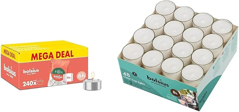 Besuche den bolsius-Store Bundle of Bolsius - Großpackung Teelichter - 240 Stück - 6 Brennstunden - Weiß + Bolsius - Teelichter Clear Cup - im Karton - Brenndauer 8 Stunden - 48 Stück - Long Burning 8 Stunden — Kerzenlicht Abendessen
