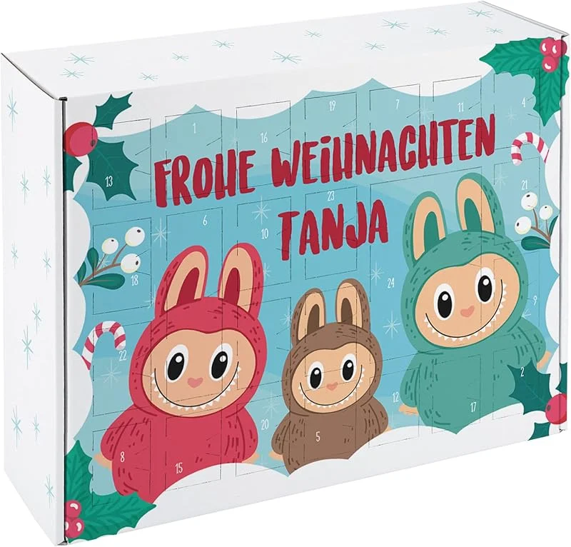 Besuche den Herz & Heim-Store Herz & Heim® DIY Adventskalender zum selbst Befüllen – Personalisiert mit Wunschname – Weihnachtskalender mit süßen Monstern – Kartonbox mit 24 Fächern und Steck-Inlay — Advent und Tisch