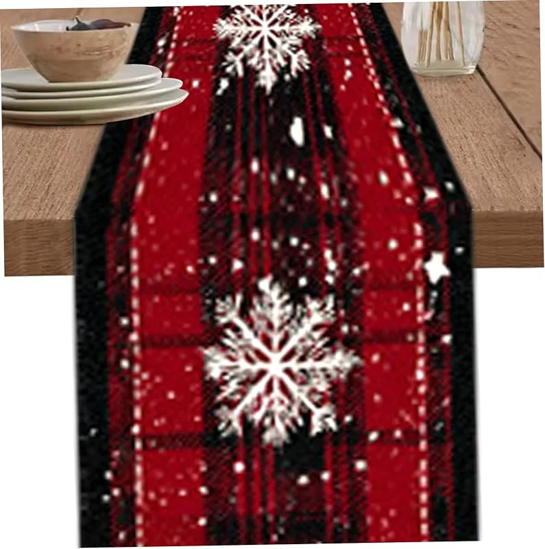 Marke: Yvocuyn Weihnachts-Tischläufer, 183 x 33 cm, Schneeflocken-Karomuster, waschbar — Küche & Haushalt