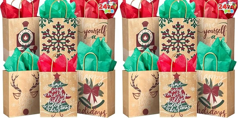 Besuche den JOYIN-Store JOYIN 24 Stück Weihnachts Krafttüten Geschenktüten (Inklusive Geschenkpapier) Geschenkpapieraus Kraftpapier mit Weihnachtsmotiven für Weihnachtspartygeschenke (Packung mit 2) — Geschenkverpackung
