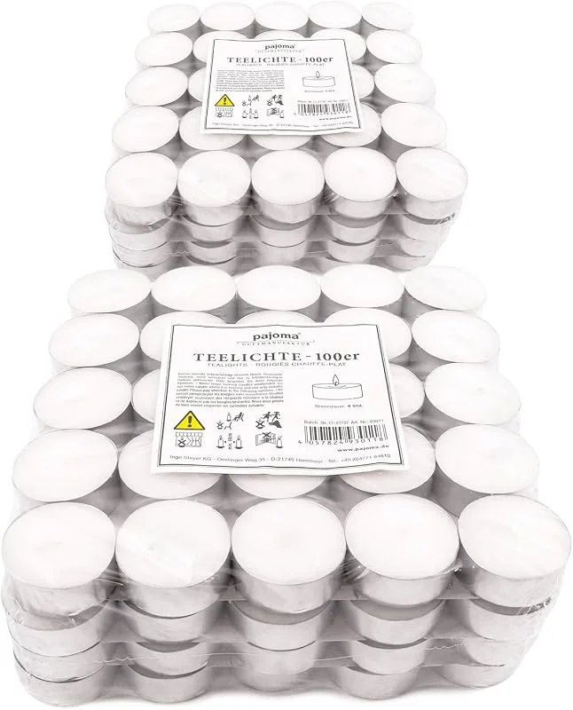 Besuche den pajoma-Store pajoma® Teelichte 200 Stück, Weiß, unbeduftete Teelichter, Brenndauer: 4 Std. - 20 g Wachsgewicht, 25 x 38 mm, Gastro, Hochzeit, Dekorieren, Feiern, Entspannen, Outdoor, Party — Kerzenlicht Abendessen