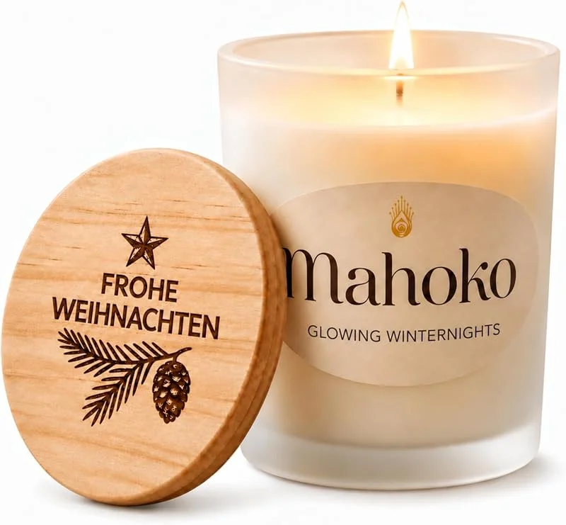 Besuche den Mahoko-Store Duftkerze Orange-Zimt mit Holzdeckel, Gravur Frohe Weihnachten — Kerzenlicht Abendessen