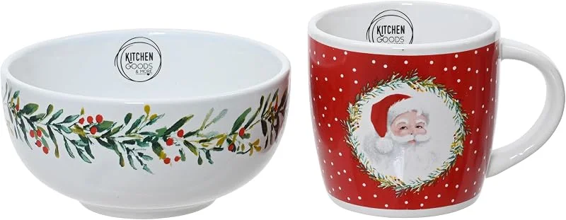 Marke: Kaemingk Frühstücksgeschirr Steingut - 2er Set Schüssel & Tasse mit Weihnachtsmotiv - Geschirr für Weihnachten - Schale & Becher - Frühstücksset Weiß Rot — Advent und Tisch