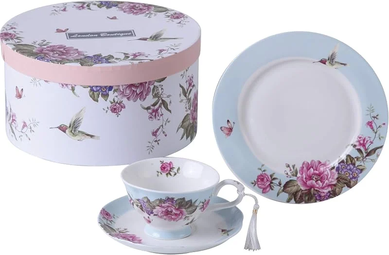 Besuche den London Boutique-Store Kaffeetasse und Untertasse, 19, 1 cm, Dessertteller, Shabby Chic, Vintage, Porzellan, Vogel, Schmetterling, Blumen, Geschenkbox (Blau) — Geschenkverpackung