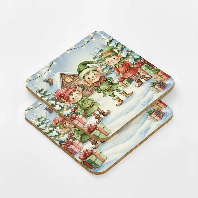 Besuche den Cimpress-Store Cimpress Weihnachts Korkuntersetzer quadratisch 9, 5x9, 5 cm, 1 Stück, Weihnachtswichtel Gruppe Motiv, glänzend Bedruckt, rutschfest, Geschenkidee zu Advent, Nikolaus, Christmas Tischdeko — Advent und Tisch