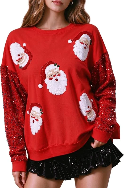 Marke: Faretumiya Faretumiya Damen-Sweatshirt mit glitzernden Pailletten, Weihnachtsmann-Grafik, Rundhalsausschnitt, langärmelig, Weihnachtspullover — Weihnachtsmode