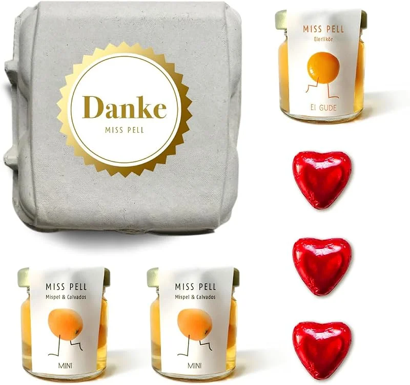 Marke: MISS PELL Geschenk-Set 2 Mispelchen, 1 Eierlikör im Glas & Schokoladen Herzen in Schachtel — Geschenkverpackung