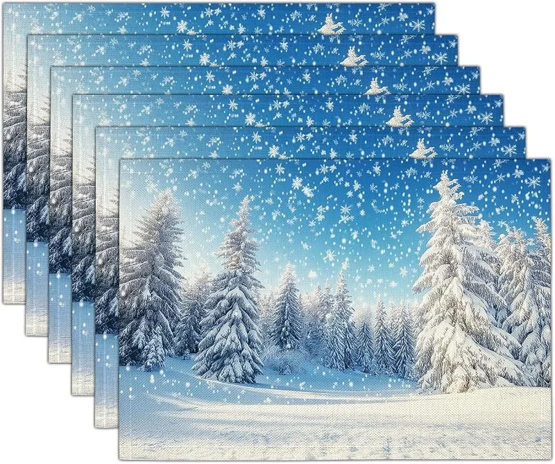 Marke: GDJSMIN 2er Set Platzset Weihnachten Tischset Indigo Weihnachten Leinen Platzdeckchen 30x45cm Winterliche Schneeflockenlandschaft Tischsets mit Muster Aus Hohem Kiefernwald Weihnachtsdeko — Küche & Haushalt