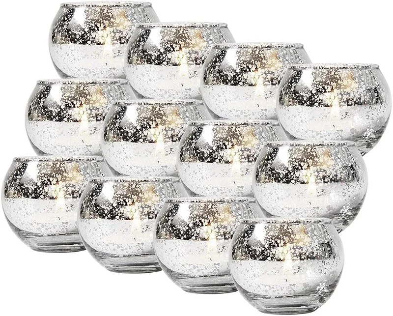 Marke: Ulalaza 12 Stück Runde Votive Teelicht Kerzenhalter gesprenkelt Silber Metallic-Finish bleifrei dicken Quecksilberglas Chamberstick — Kerzenlicht Abendessen