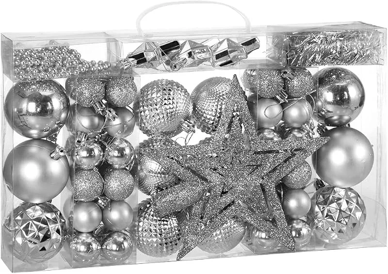 Besuche den Deuba-Store DEUBA® Weihnachtskugeln 66tlg Baumschmuck-Set mit Sternen Kunststoff Silber — Weihnachtsdeko
