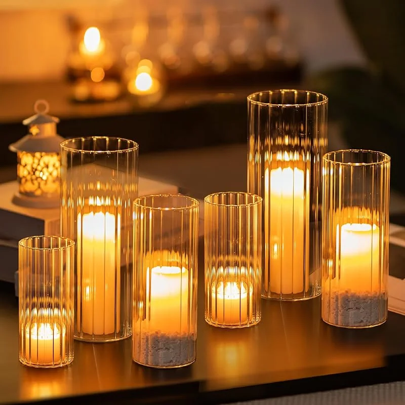 Besuche den Glasseam-Store Glasseam Gerippter Glaskerzenhalter, Zylinderkerzenhalter für Stumpenkerzen, klarer Hurrican-Kerzenhalter, 6 Stück, dekorative schwimmende Kerzenvasen für Tafelaufsätze, Hochzeits-Tischdekorationen — Kerzenlicht Abendessen