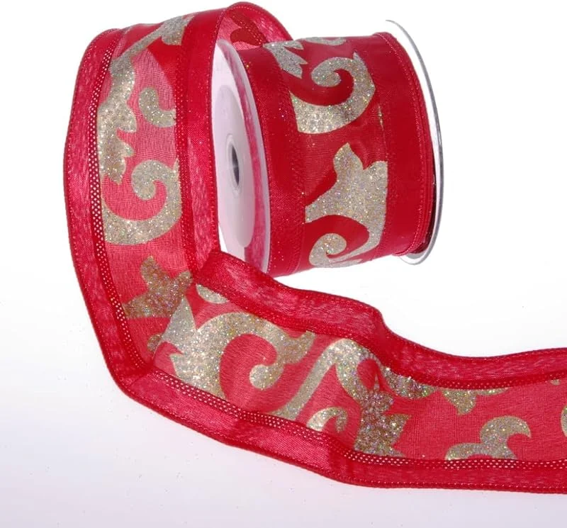 Marke: Deko AS GmbH Dekoband mit Ranken und Glitzer-Punkten - Schleifenband Weihnachten rot - Glitzerband - breites Geschenkband - Zierband - 65mm Breite, 10m Länge - 93202 (Rot) — Geschenkverpackung