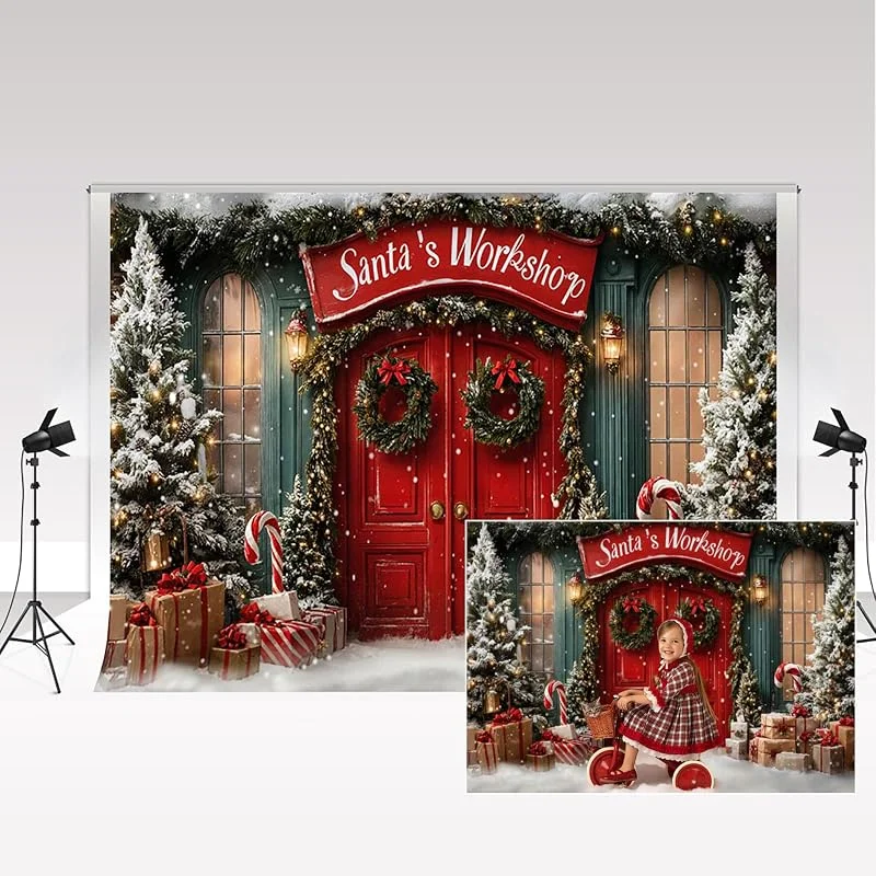 Besuche den Kate-Store Kate Weihnachts-Fotohintergründe 2.2x1.5m, 7x5Fuß Weihnachtsmanns Werkstatt Winter-Hintergrund mit verschneitem Weihnachtsbaum Kindergeburtstag Familienporträt Fotohintergrund — Advent und Tisch